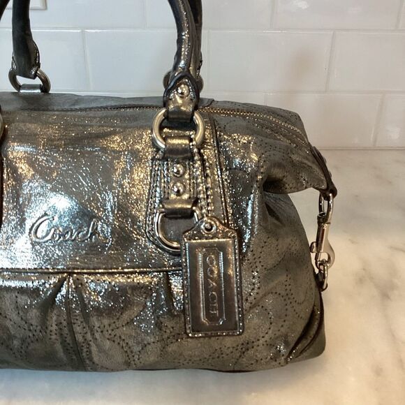 Coach Ashley Perforated Metallic Silver Leather Satchel Handbag RARE - Picture 3 of 15